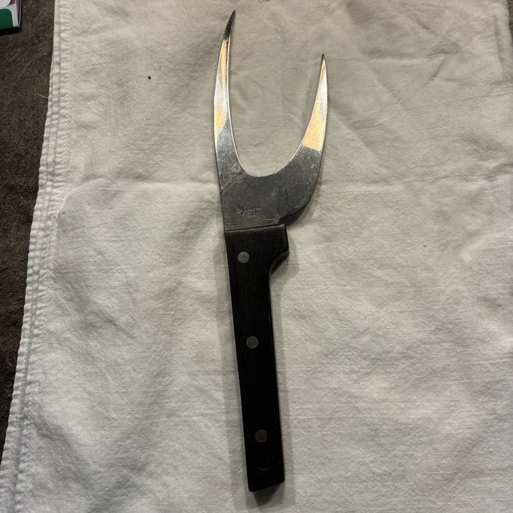 VERNCO Stainless Steel Claw Meat Fork Knife Carving Wood Handle Vtg Japan